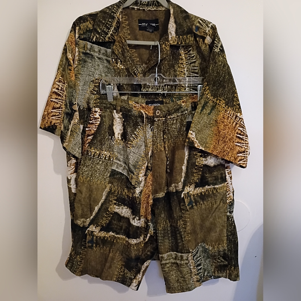 VTG Stardom Men's Patchwork Baggy Suit in Green and Brown Sz L